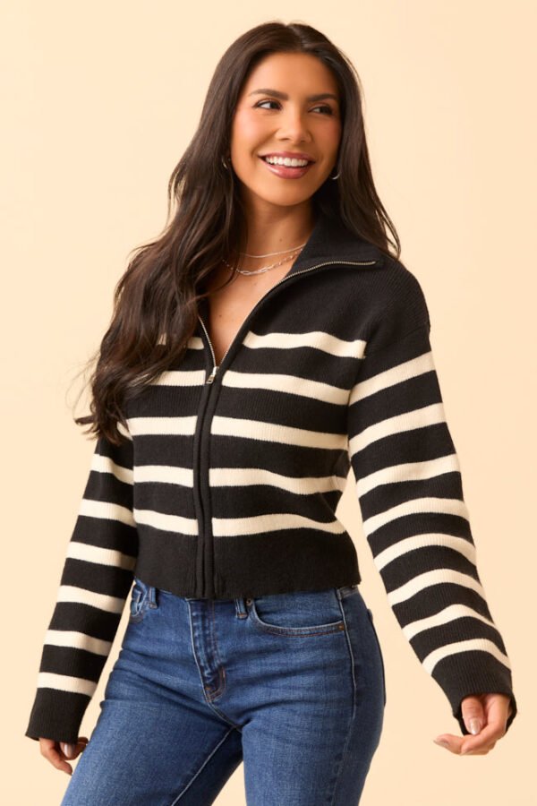 Reece Black and White Stripe Full Zip Sweater