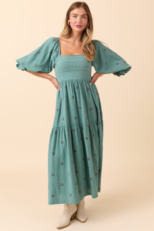 Dress To Impress Sage Floral Stitched Smocked Top Dress